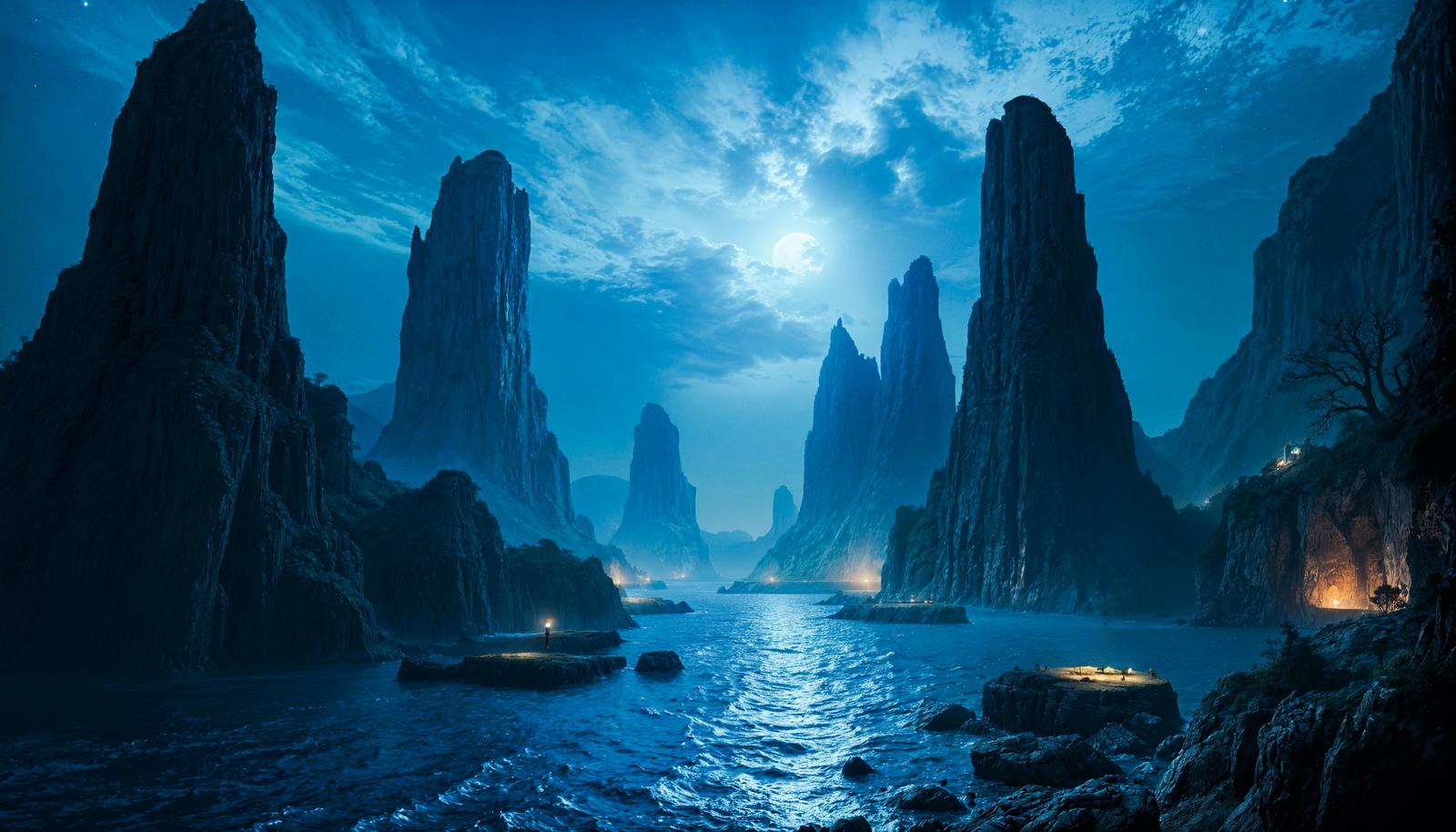 月光に照らされ海にそびえる巨大な岩塔とファンタジー風の夜景