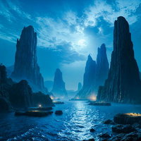 月夜に切り立つ岩塔とファンタジー風の海のAI画像