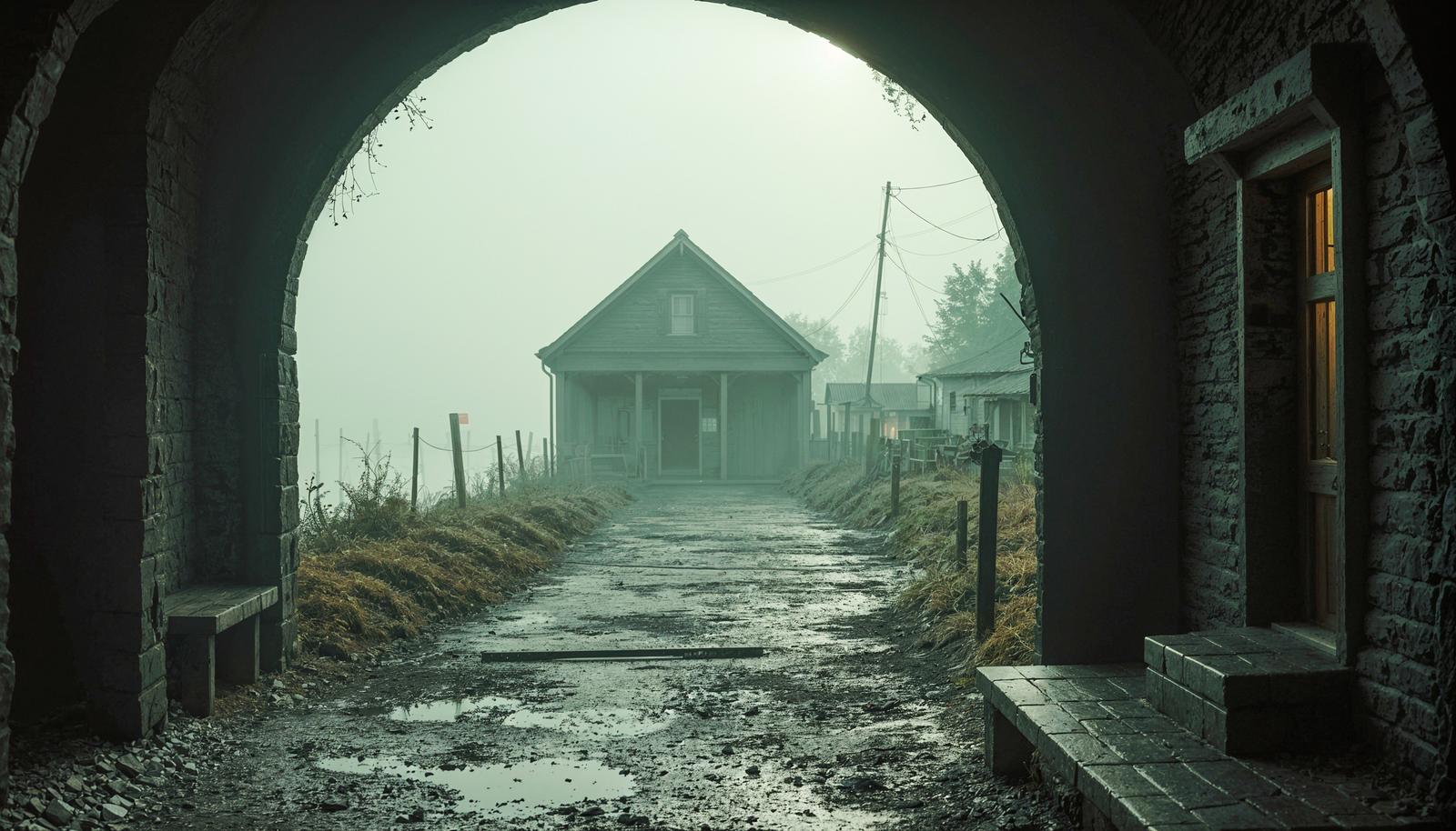 View through a dark stone semicircular arch toward a fog-shrouded wooden house on a muddy path, with utility poles and dead grass on both sides.