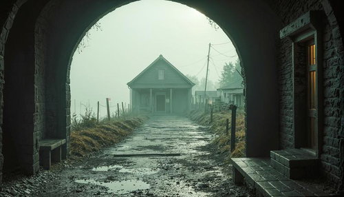 Foggy Village Through Stone Arch — Free Dark Fantasy Background Image