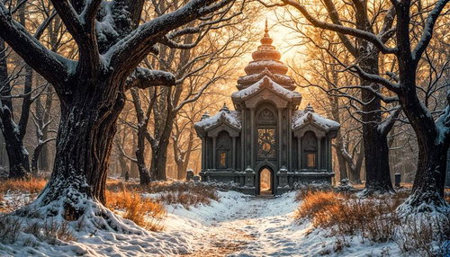 雪の森に建つファンタジー神殿のAI素材