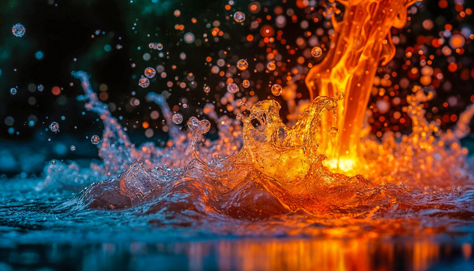 水しぶきと炎が中央で衝突し、水滴と火の粉が飛び散るAI生成画像