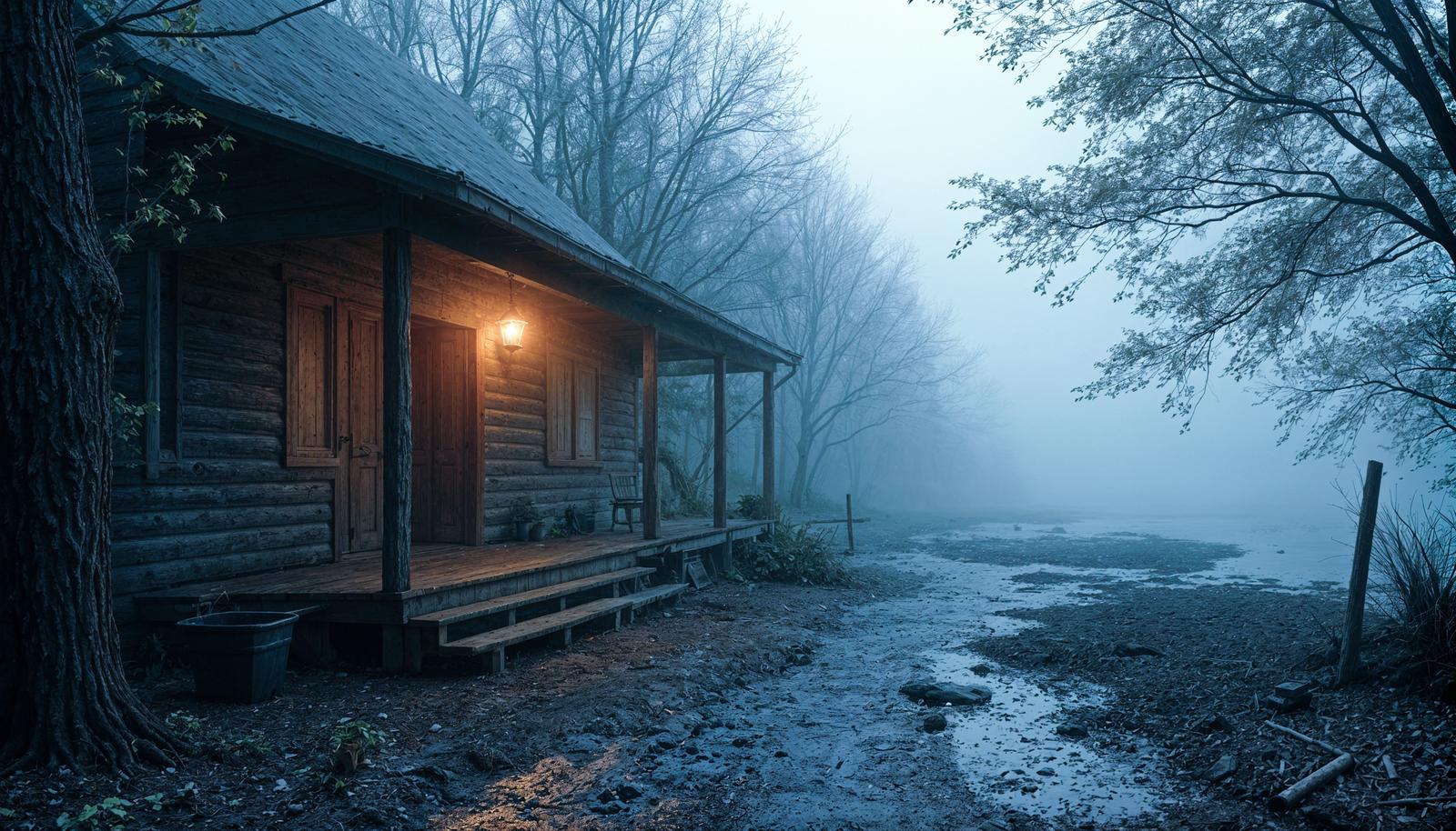 Weathered log cabin in a foggy forest at twilight, single warm lantern glowing beside the front door, bare trees fading into blue-gray mist in the background.