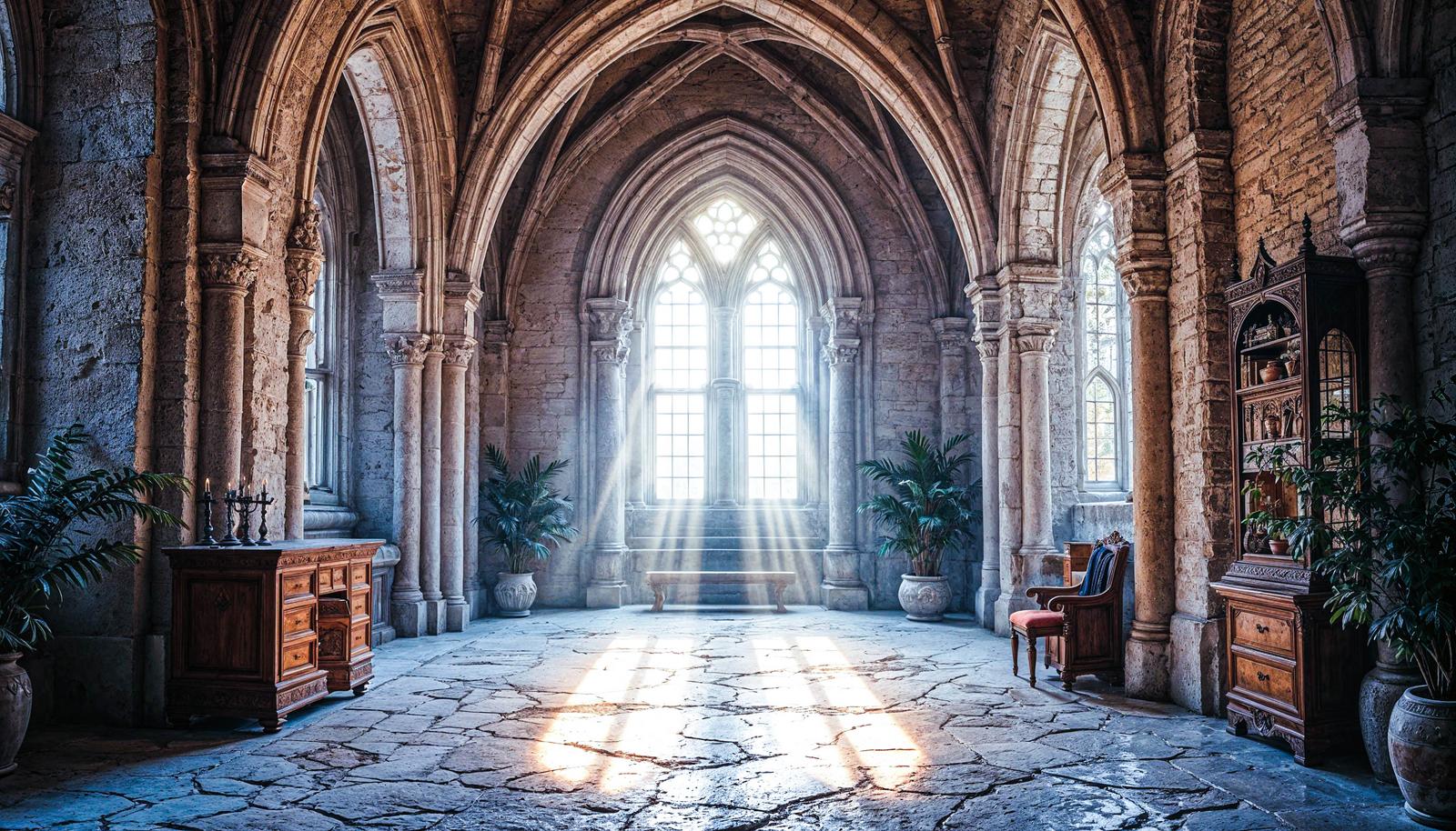 大窓から光が差し込むゴシック様式の神殿内部を描いたファンタジー背景