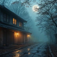 月夜に霧が立ち込める古い町並みのAI画像