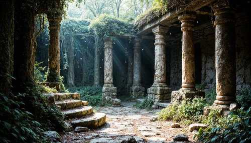 森に眠る古代神殿の遺跡のAI素材