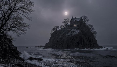 月夜の孤島に建つ古い洋館のAI素材
