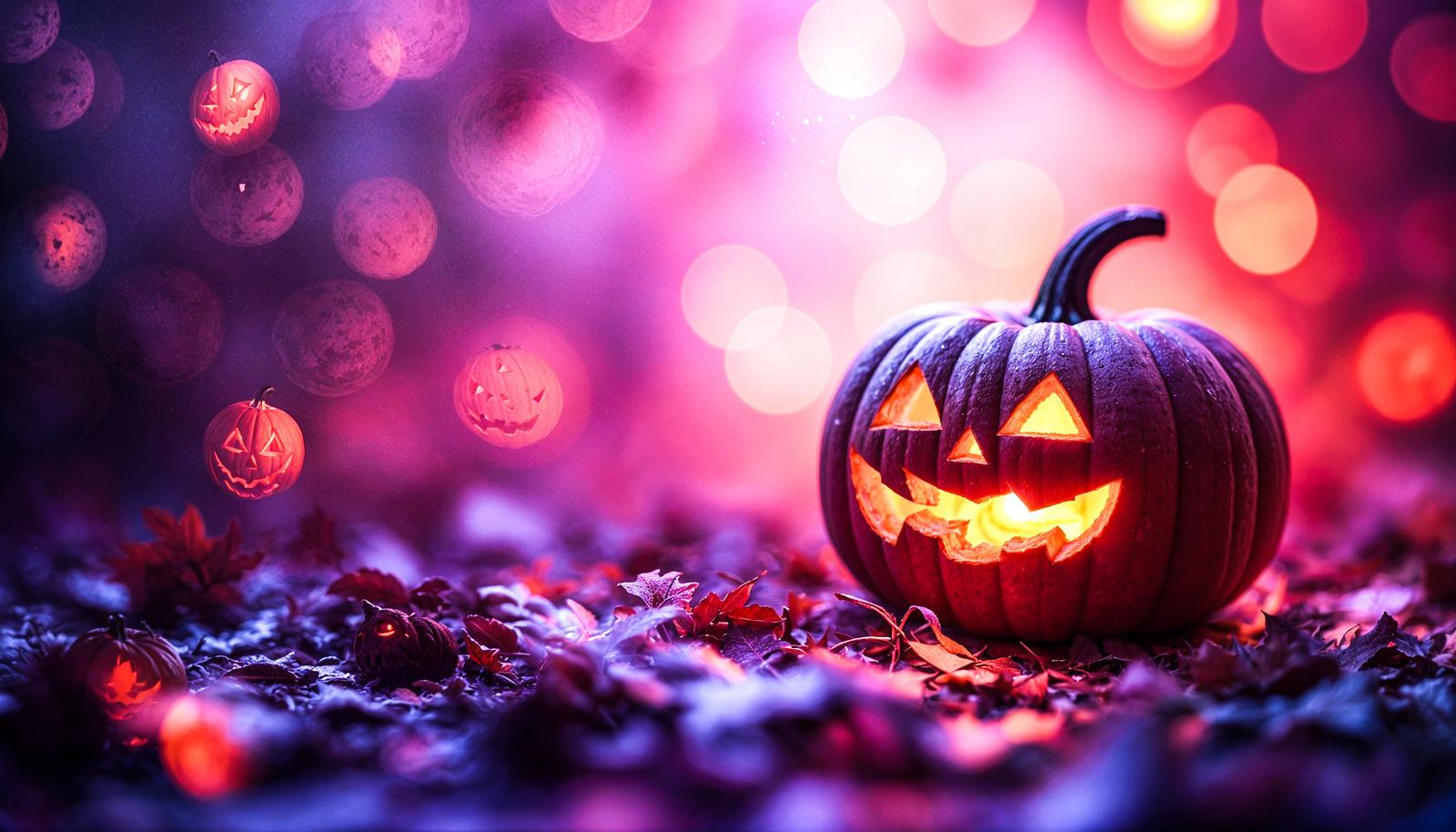 Glowing carved jack-o'-lantern on dark autumn leaves with floating small pumpkin lanterns and large pink-purple bokeh circles in the background.
