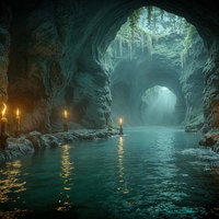 ろうそくが灯る地下水路の洞窟のAI画像
