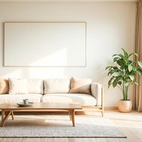 明るいリビングと白いソファのある部屋のAI画像