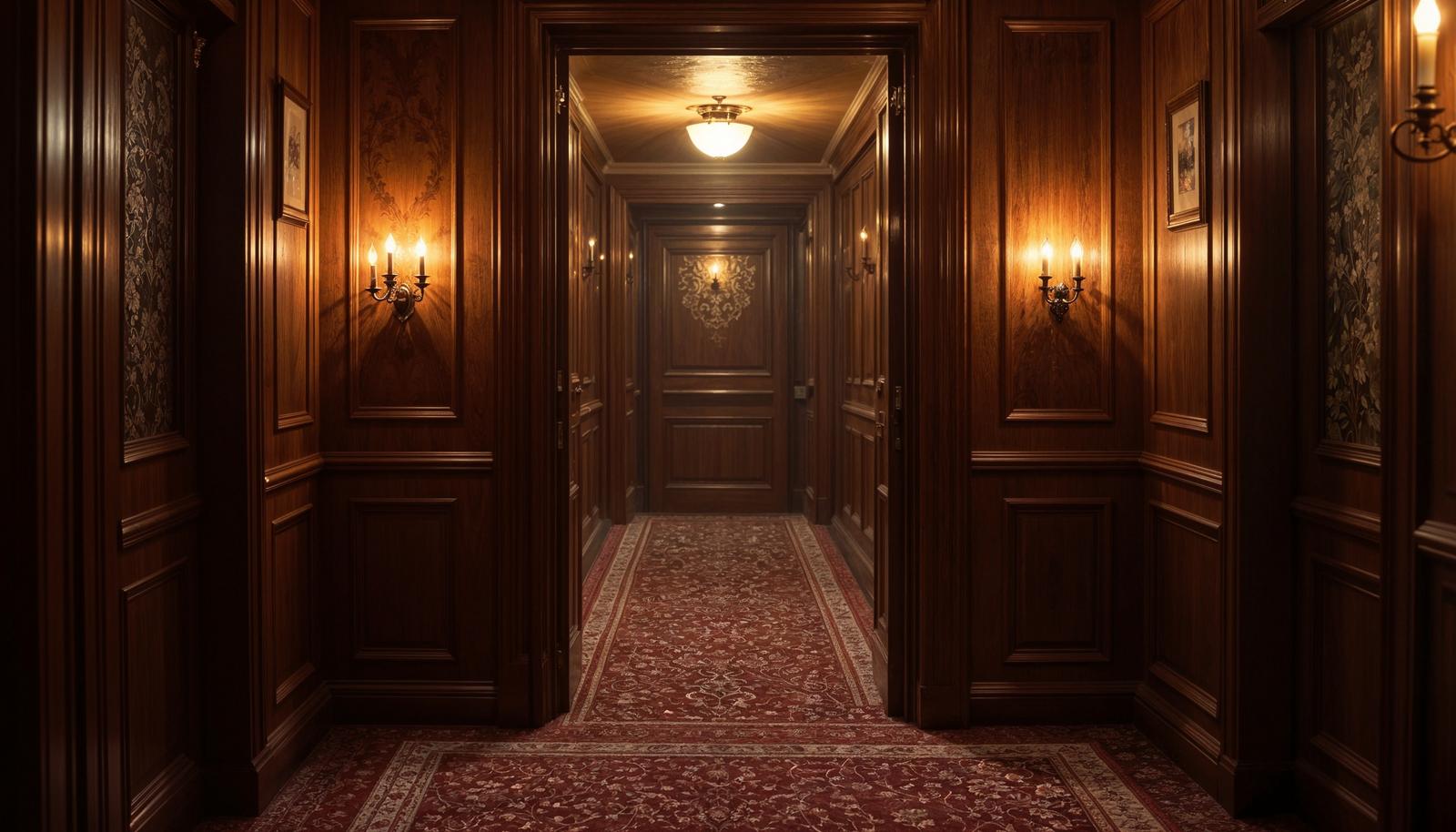 Dimly lit Victorian-style corridor with dark mahogany wood paneling, brass candle wall sconces, and a red floral runner carpet leading to a closed door.