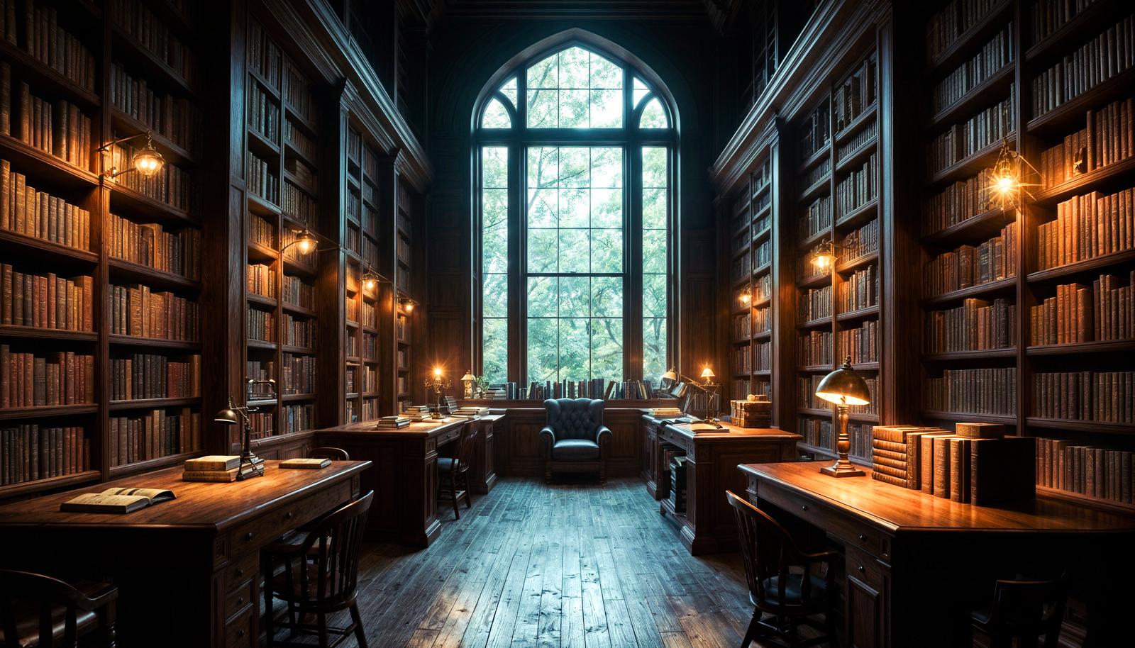 AI-generated library interior with tall dark wood bookshelves lining both walls, brass desk lamps, a central aisle, and a tall Gothic arched window at the far end.