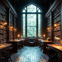 アーチ窓のある古い図書室のAI画像
