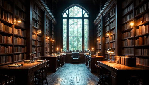 Old Library with Arched Window and Dark Wood Shelves — Free Interior Image