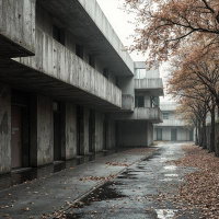 落ち葉が散る廃墟風コンクリート建築の通路のAI画像