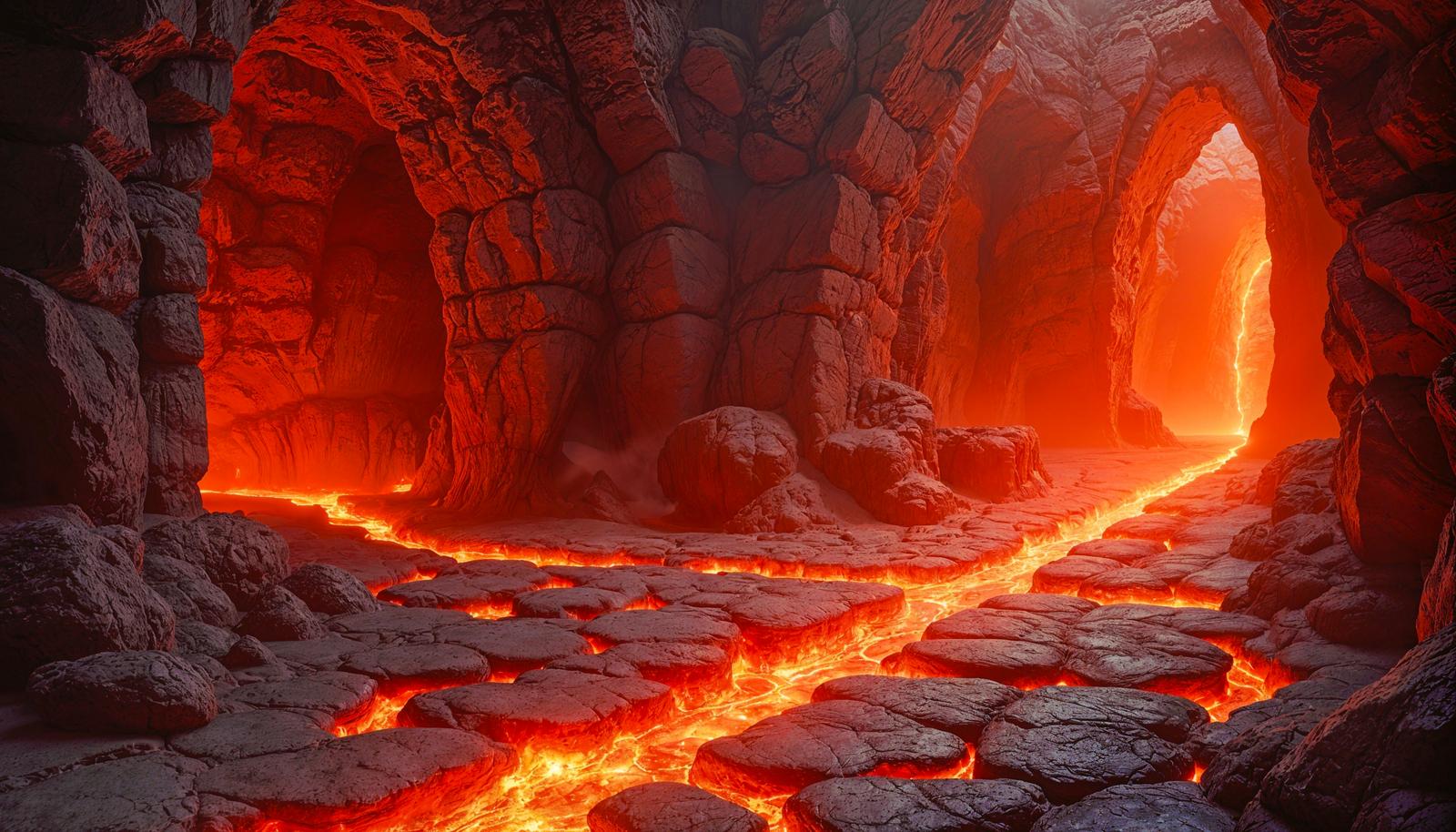 Digitally rendered cave interior with glowing lava streams flowing between cracked gray rock plates, red-orange arched stone tunnels, and intense backlit glow from a far passage.