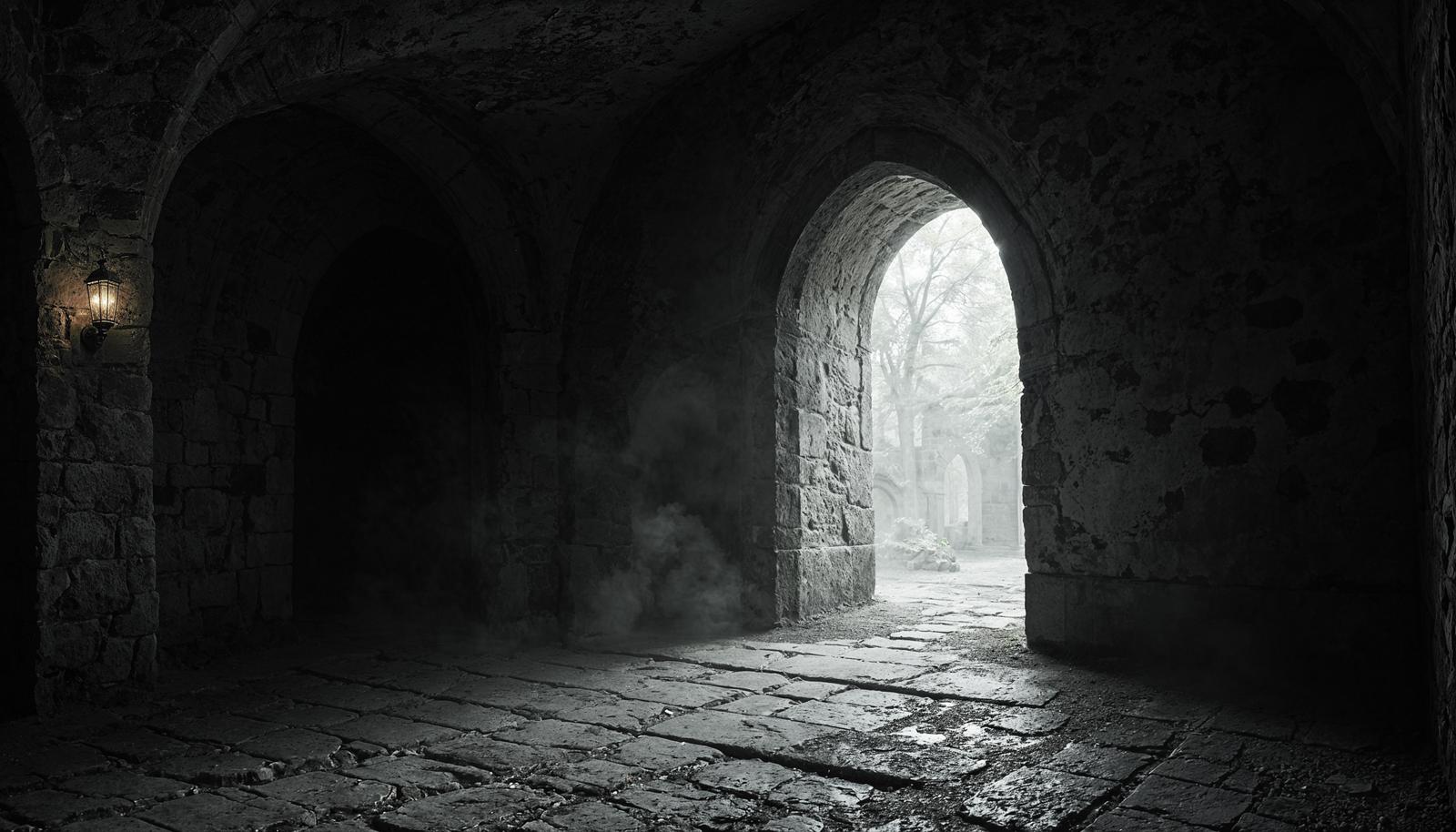 Dark stone dungeon corridor with a tall pointed arch opening to a misty exterior, cracked cobblestone floor, and an iron lantern mounted on the left wall.