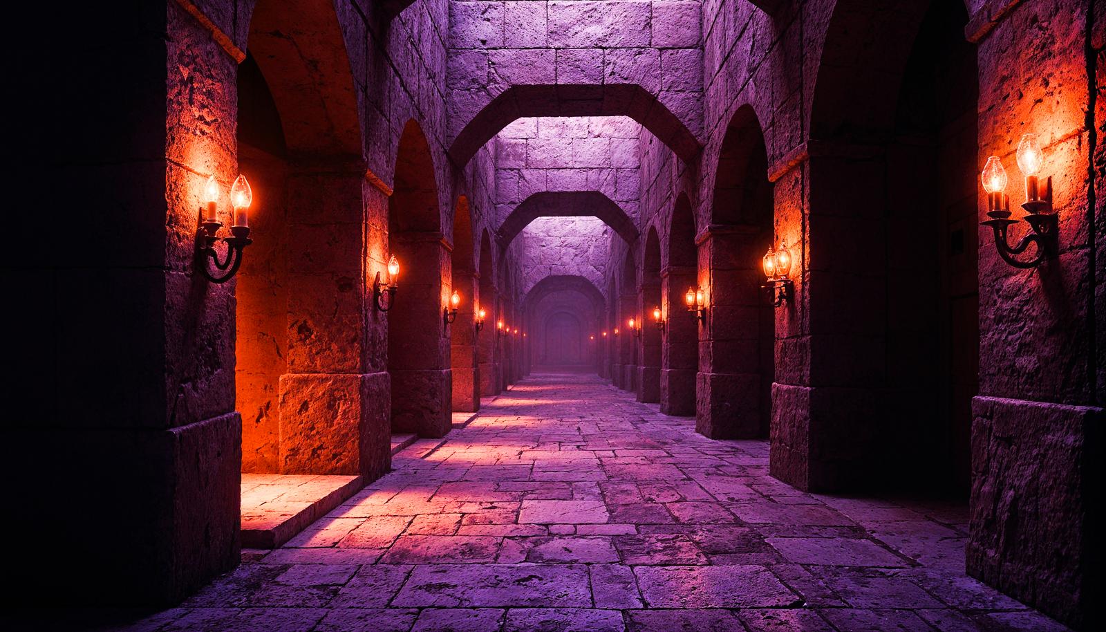 AI-generated stone dungeon corridor with arched ceilings, iron wall sconces emitting orange candlelight, purple ambient glow, and stone slab floor receding into hazy darkness.