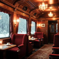 雪景色を走るアンティーク列車の車内のAI画像