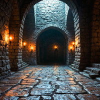 石造りのアーチが続く地下通路のAI画像