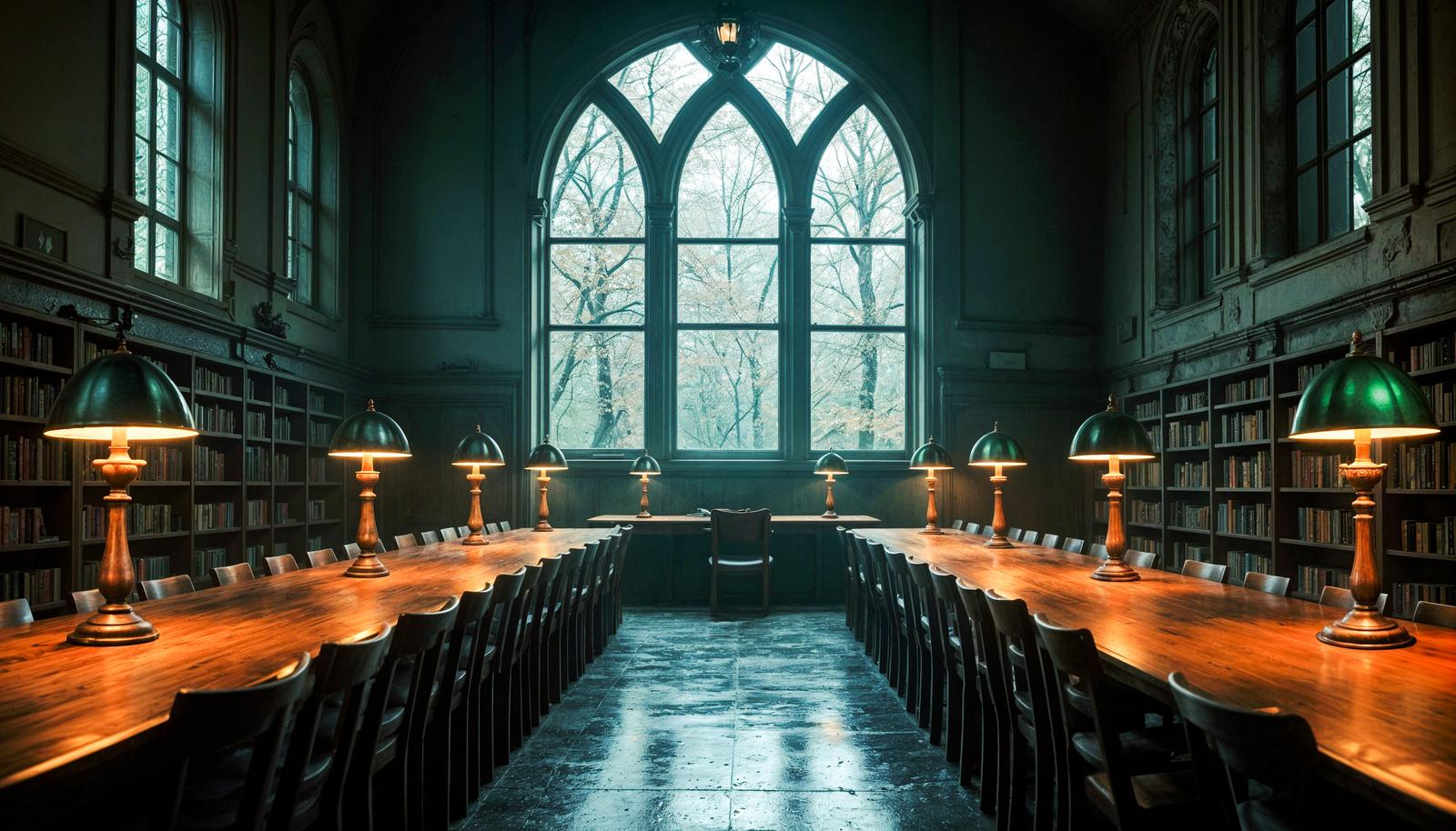 Symmetrical gothic library interior with two long wooden tables, green-shaded brass lamps, rows of black chairs, full bookshelves, and a tall pointed-arch window showing bare trees outside.
