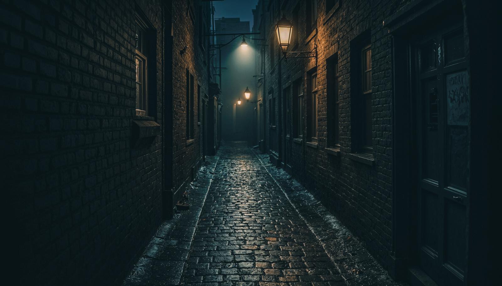 霧がかった夜の裏路地で街灯が灯り、濡れた石畳とレンガ壁が続く光景