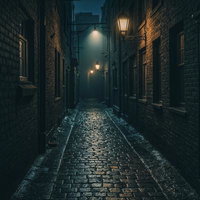 霧に沈む夜の裏路地のAI画像