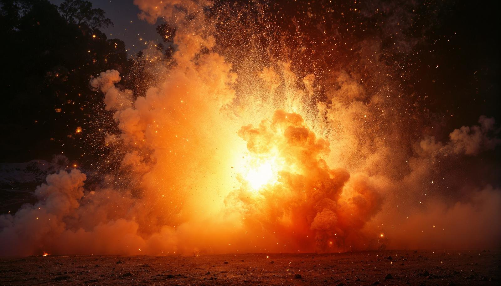 夜の地面で炎と煙が噴き上がり、火花が飛び散る爆発のAI画像
