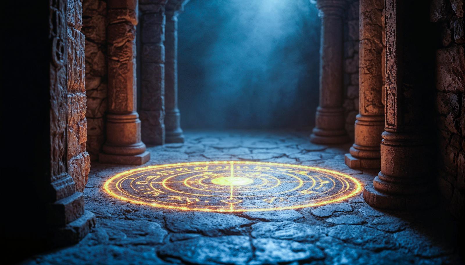 古代神殿風の石畳に黄色く光る召喚魔法陣が浮かぶファンタジー背景