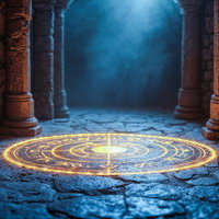 石造りの神殿に浮かぶ魔法陣のAI画像