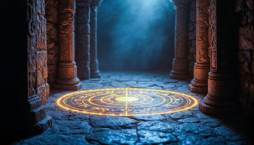 Glowing Magic Circle in Stone Temple Corridor — Free Fantasy Background Image