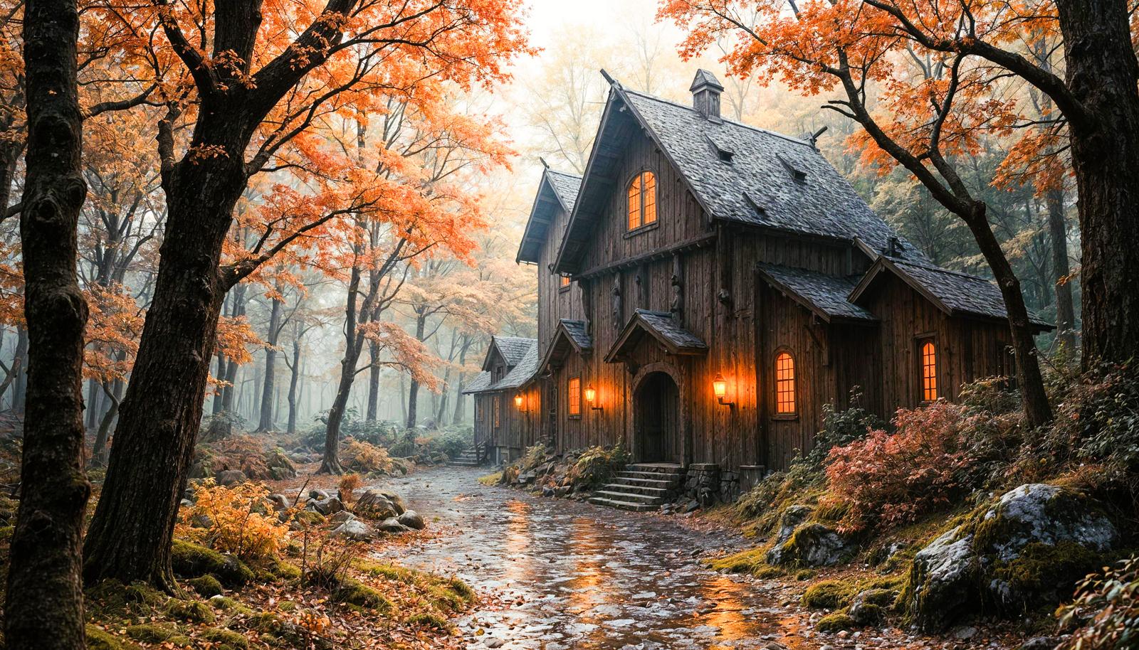 紅葉した森の中に建つ木造の洋館と窓から漏れる灯り、霧に包まれた小道