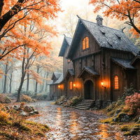 紅葉の森に建つファンタジーな洋館のAI画像