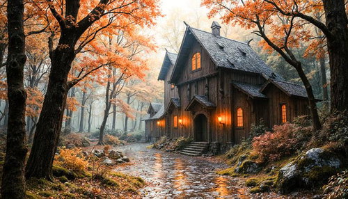 紅葉の森に建つファンタジーな洋館のAI素材