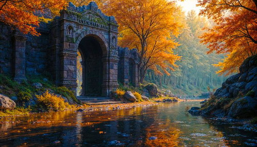 紅葉と石造りの古代遺跡風アーチ門