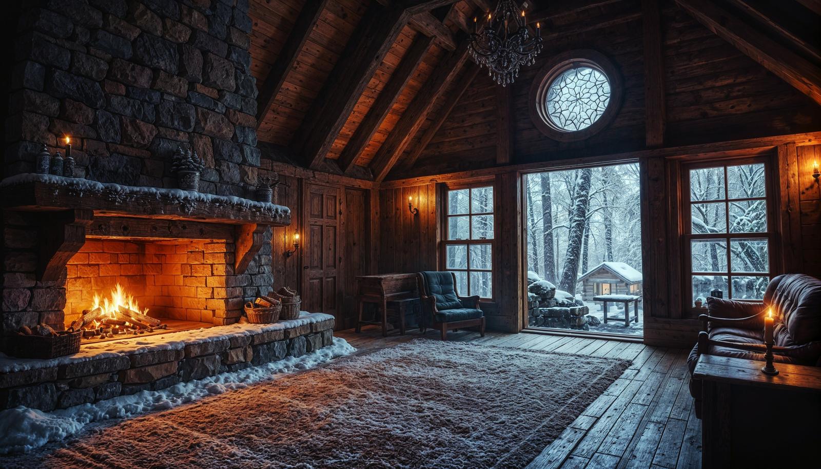 薪が燃える石造りの暖炉と雪景色の窓がある木造の山小屋風室内