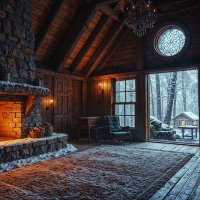 暖炉が燃える雪国の山小屋風インテリアのAI画像