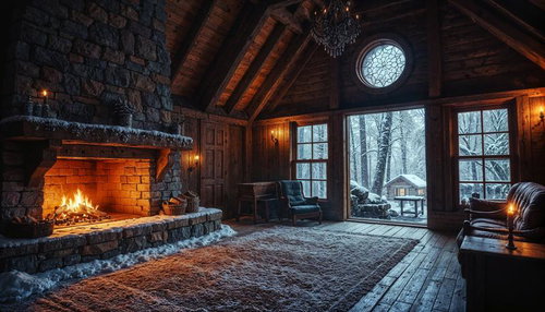 暖炉が燃える雪国の山小屋風インテリアのAI素材