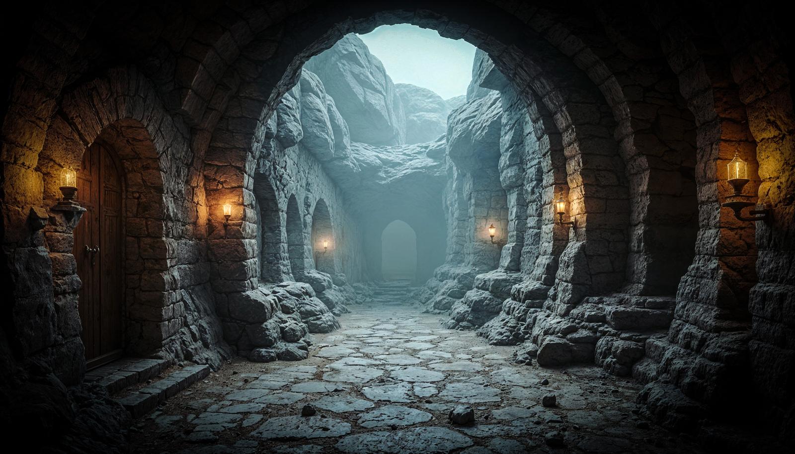 Rendered underground stone corridor with multiple receding arches, wall-mounted lanterns emitting amber light, cobblestone floor, and pale blue haze at the far end.