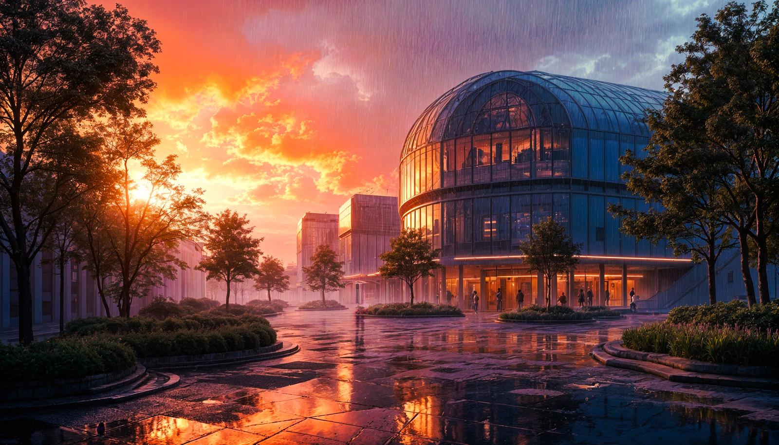 夕焼け空の下、雨に濡れた広場に建つガラス張りの近未来的なドーム建築