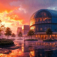 夕焼けと雨に濡れる近未来建築のAI画像