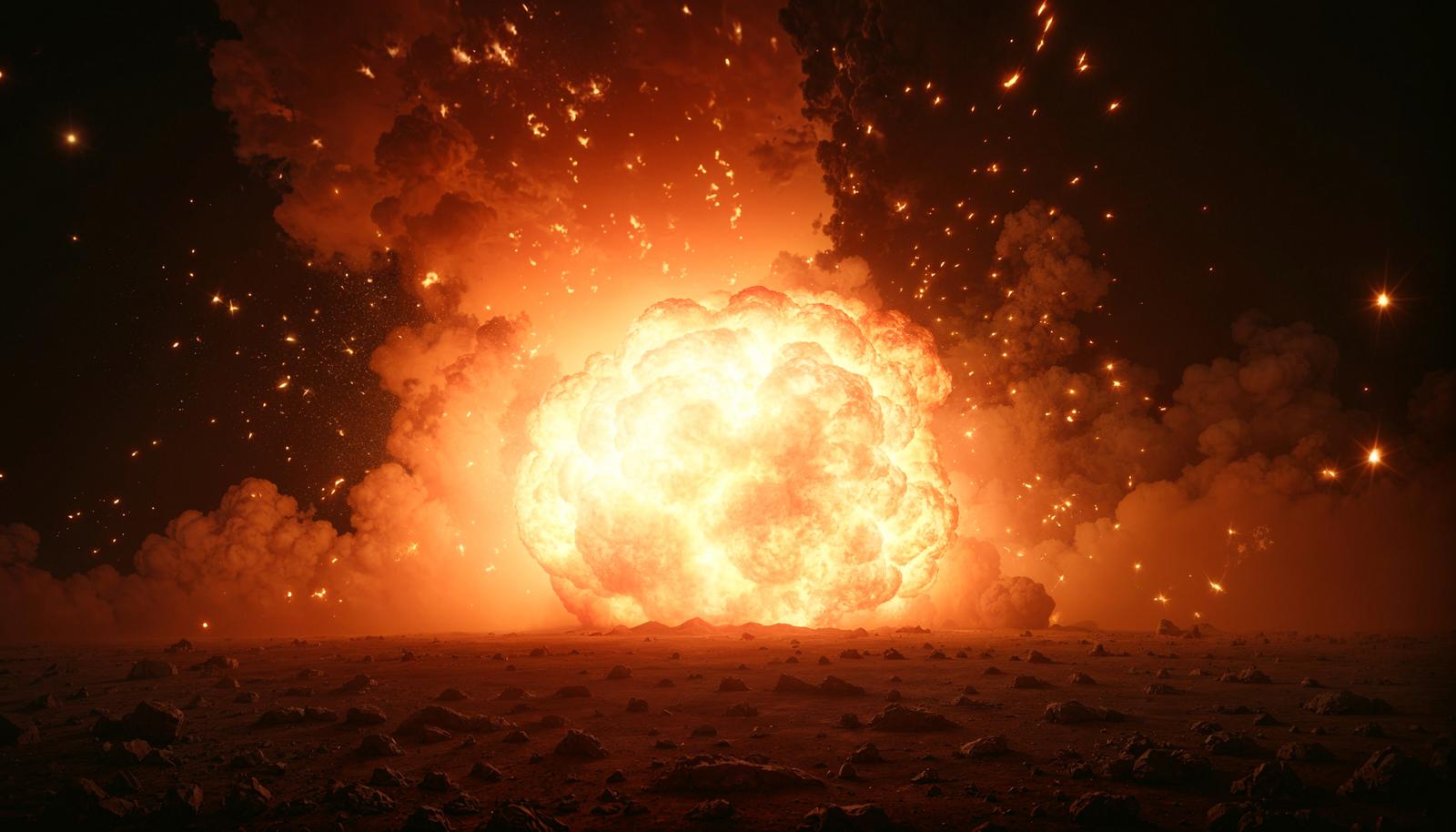 夜の荒野で巨大な火球が広がり火の粉が飛び散る爆発シーン