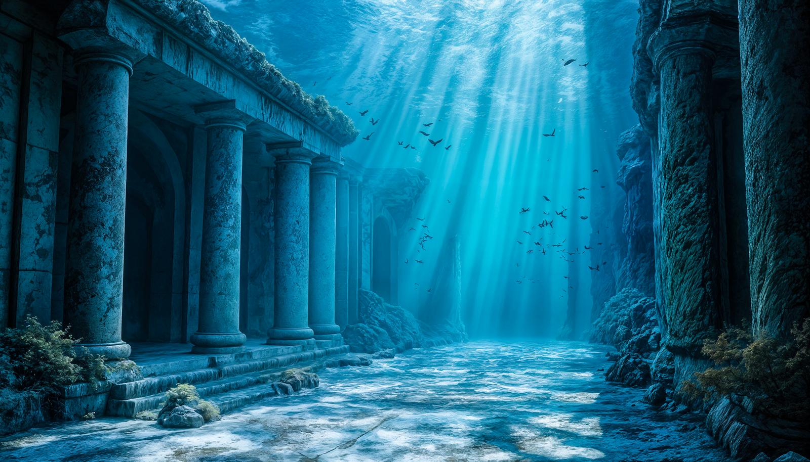 AI-generated underwater scene showing stone columns of a submerged ancient temple ruin, light rays descending from the surface, fish silhouettes, and a deep blue corridor receding into the distance.