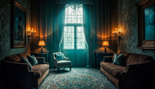Dark Victorian Drawing Room with Teal Curtains — Free Interior Background Image