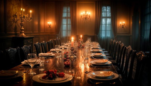 Grand Dining Hall with Candlelit Table — Free Dark Interior Image