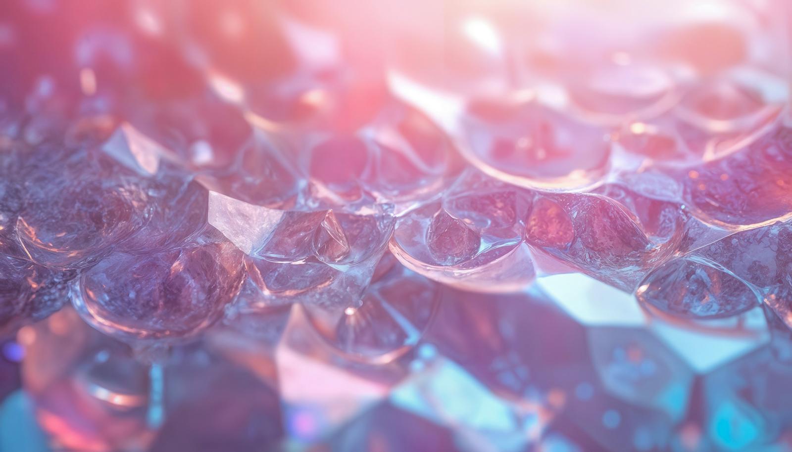 ピンクと水色の光に包まれた透明なクリスタルが連なる抽象的な背景