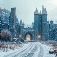雪に包まれた石造りの古城のAI画像