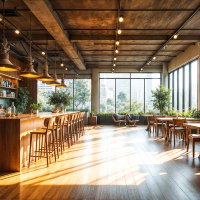 窓辺に広がる開放的なカフェの店内のAI画像