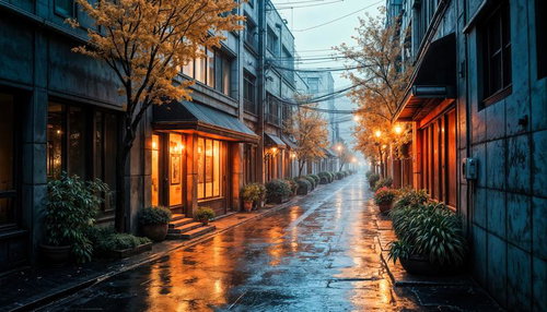 雨上がりの路地裏と灯りの街並みのAI素材