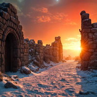 夕日に染まる雪原のダンジョン跡のAI画像